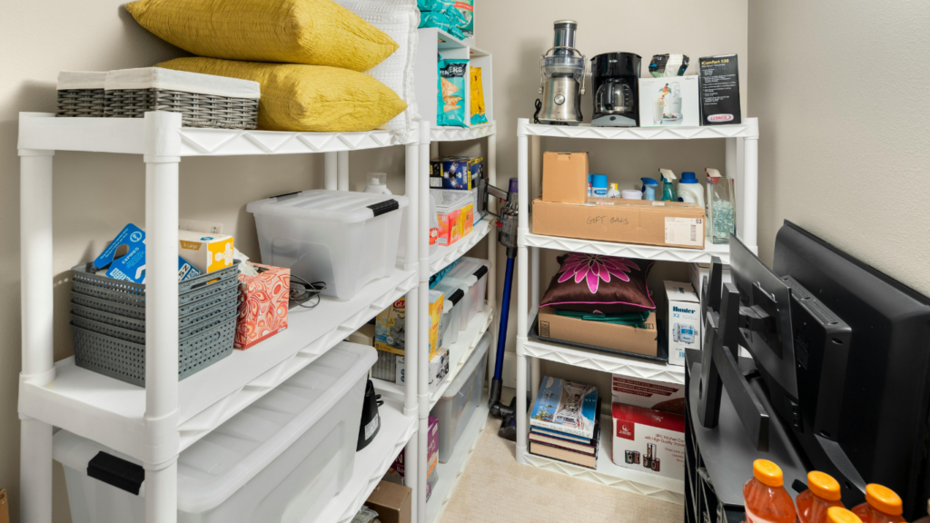 a room with shelves filled with various items