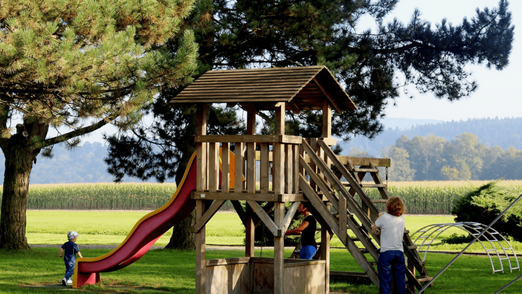 a tree house in backyard